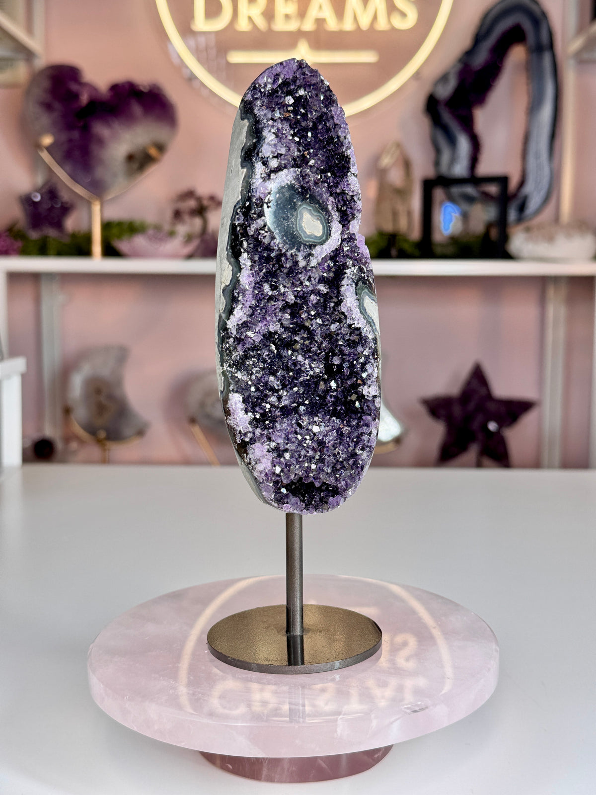 Uruguay Amethyst on Stand | Deep Purple Druzy with Agate Eyes