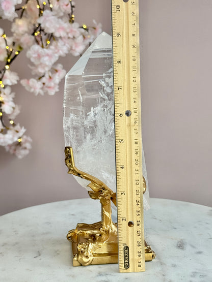 Lemurian Quartz Statement on Sculptural Gold Stand