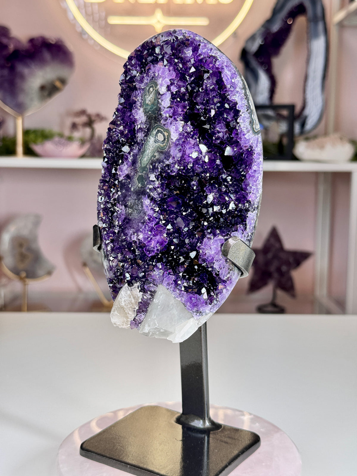 Uruguayan Amethyst with Calcite & Stalactite-Like Formations | Custom Stand