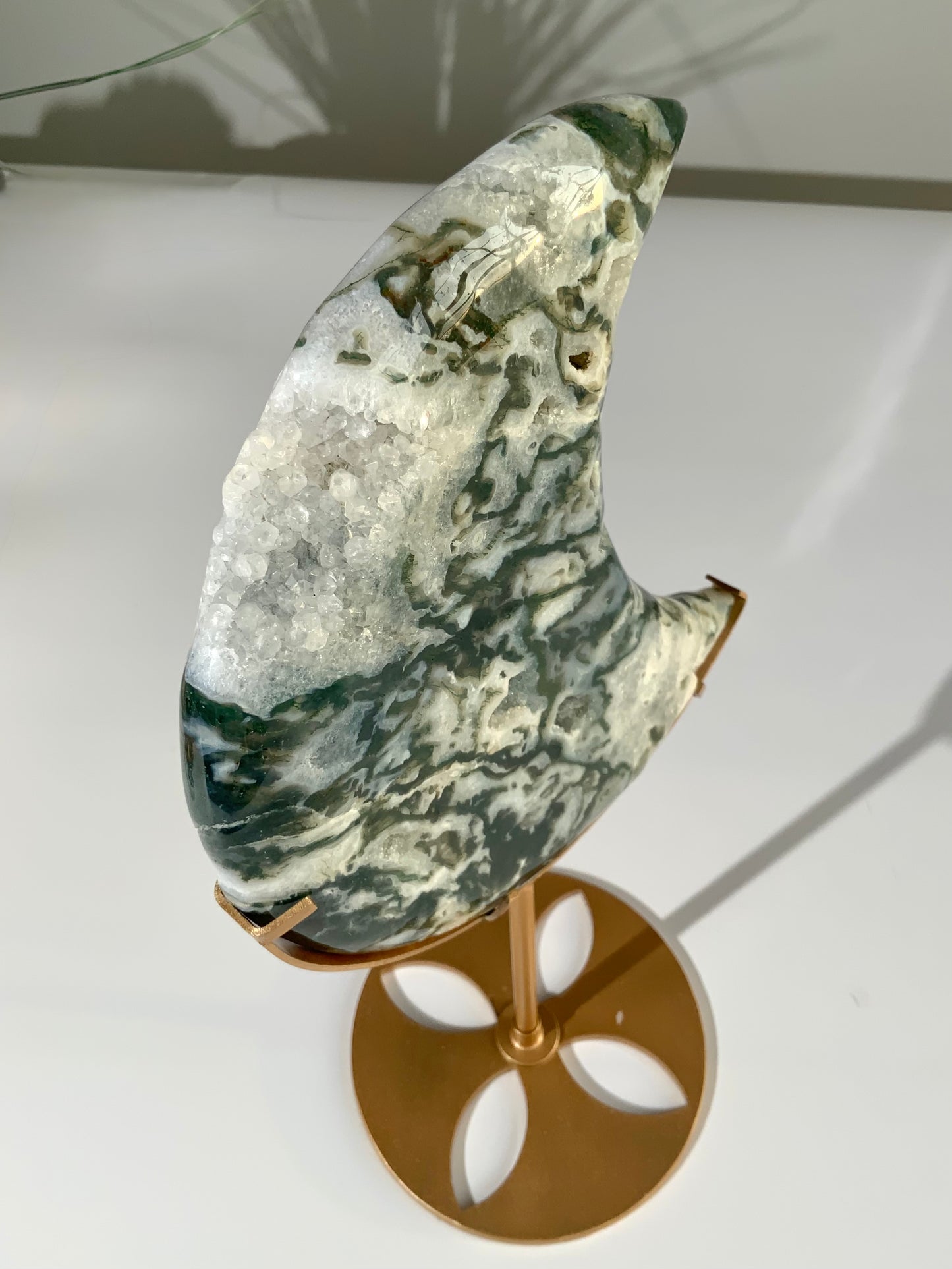 Large Beautiful Moss Agate Moon on Stand | Grounding • Growth • New Beginnings