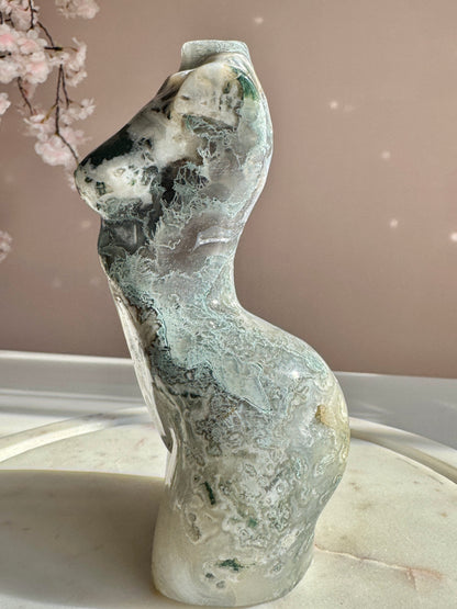Large  Moss Agate Goddess Body Carving with Druzy | Divine Feminine Crystal Statue