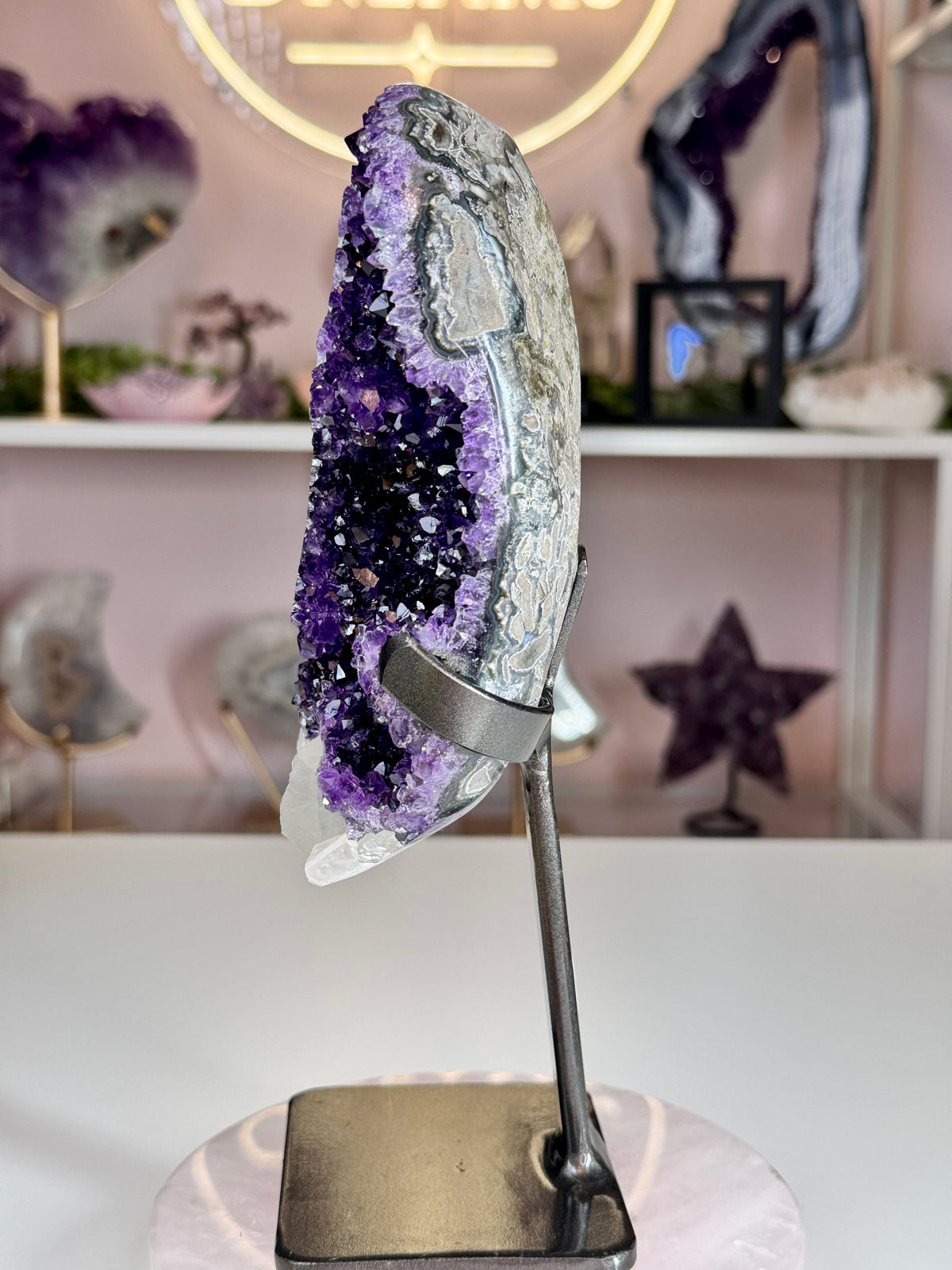 Uruguayan Amethyst with Calcite & Stalactite-Like Formations | Custom Stand