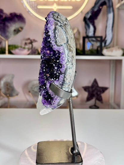 Uruguayan Amethyst with Calcite & Stalactite-Like Formations | Custom Stand