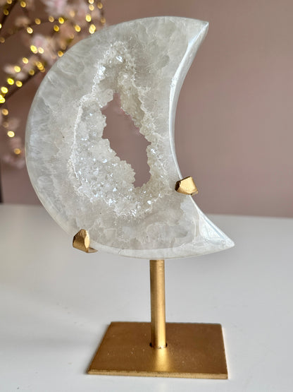 Beautiful Aura Druzy Crescent Moon on Gold Stand