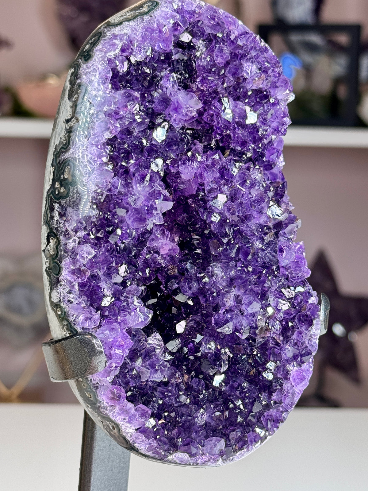 Deep Grape Jelly Uruguay Amethyst Geode with Flower-Like Crystal Formations | Custom Stand
