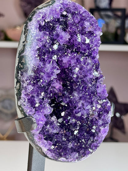Deep Grape Jelly Uruguay Amethyst Geode with Flower-Like Crystal Formations | Custom Stand