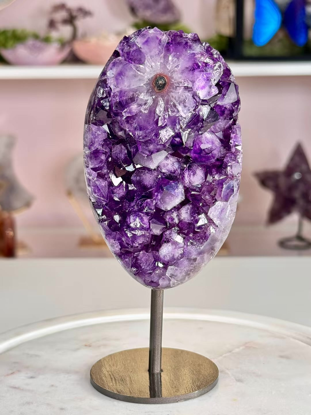 Uruguayan Amethyst Cluster with Stalactite Flower | Deep Purple Amethyst Geode on Stand | Crystal Statement Piece