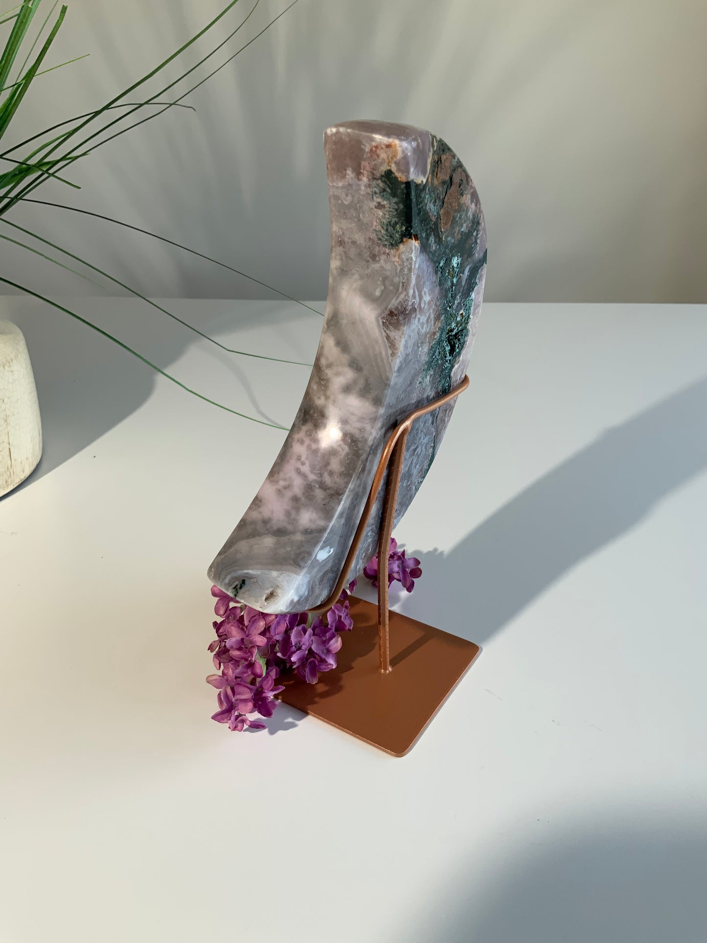 Lavender Pink Amethyst Moon on Stand — Soft, Ethereal Statement Piece