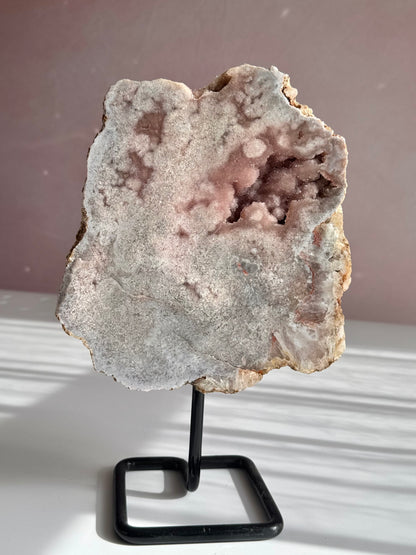 Pink amethyst with druzy on stand statement