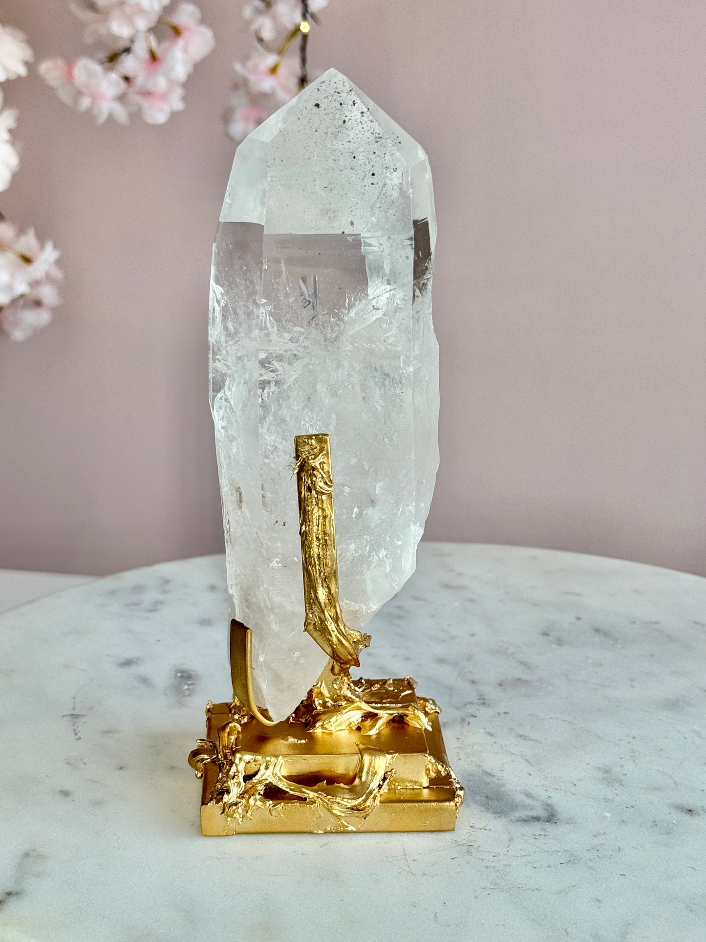 Lemurian Quartz with Black Tourmaline Inclusions  on Custom Gold Stand