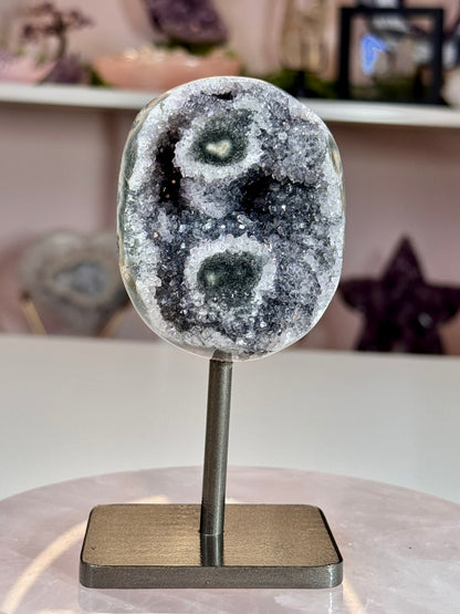 Uruguay Amethyst with Double Stalactite Eyes | Druzy Crystal on Stand