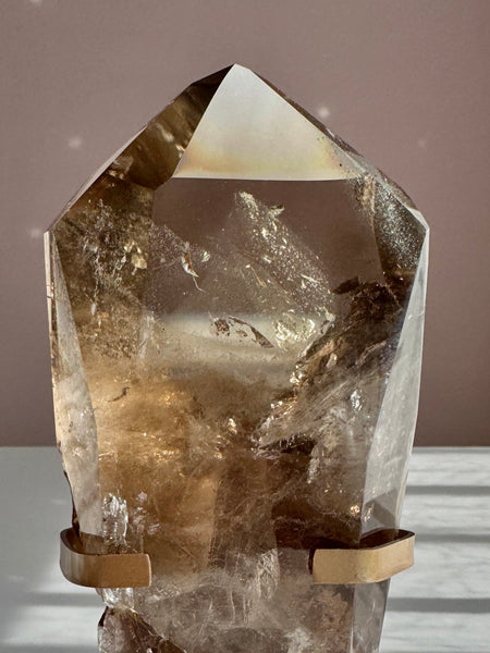 Rare Double Phantom Smoky Quartz Point with Rainbow on Gold Stand
