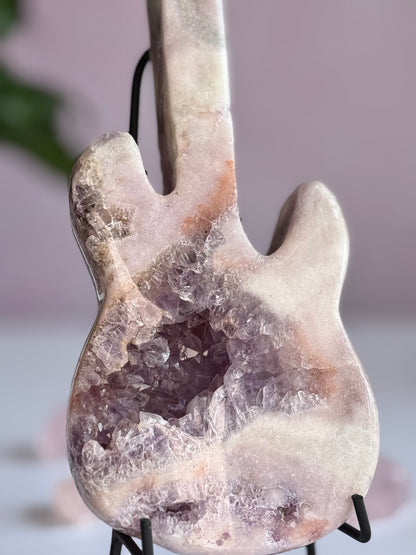 Pink Amethyst Guitar Carving with Stand