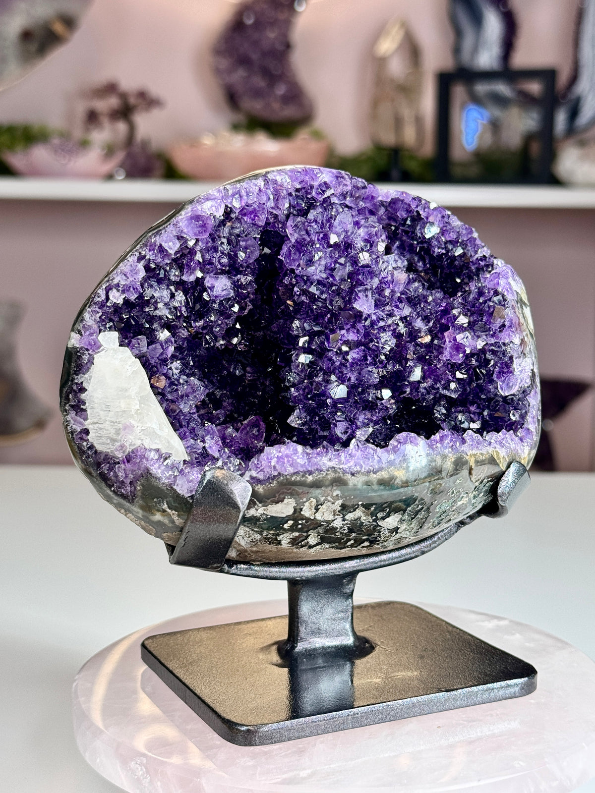Beautiful Uruguay Amethyst Geode with White Calcite on Custom Stand