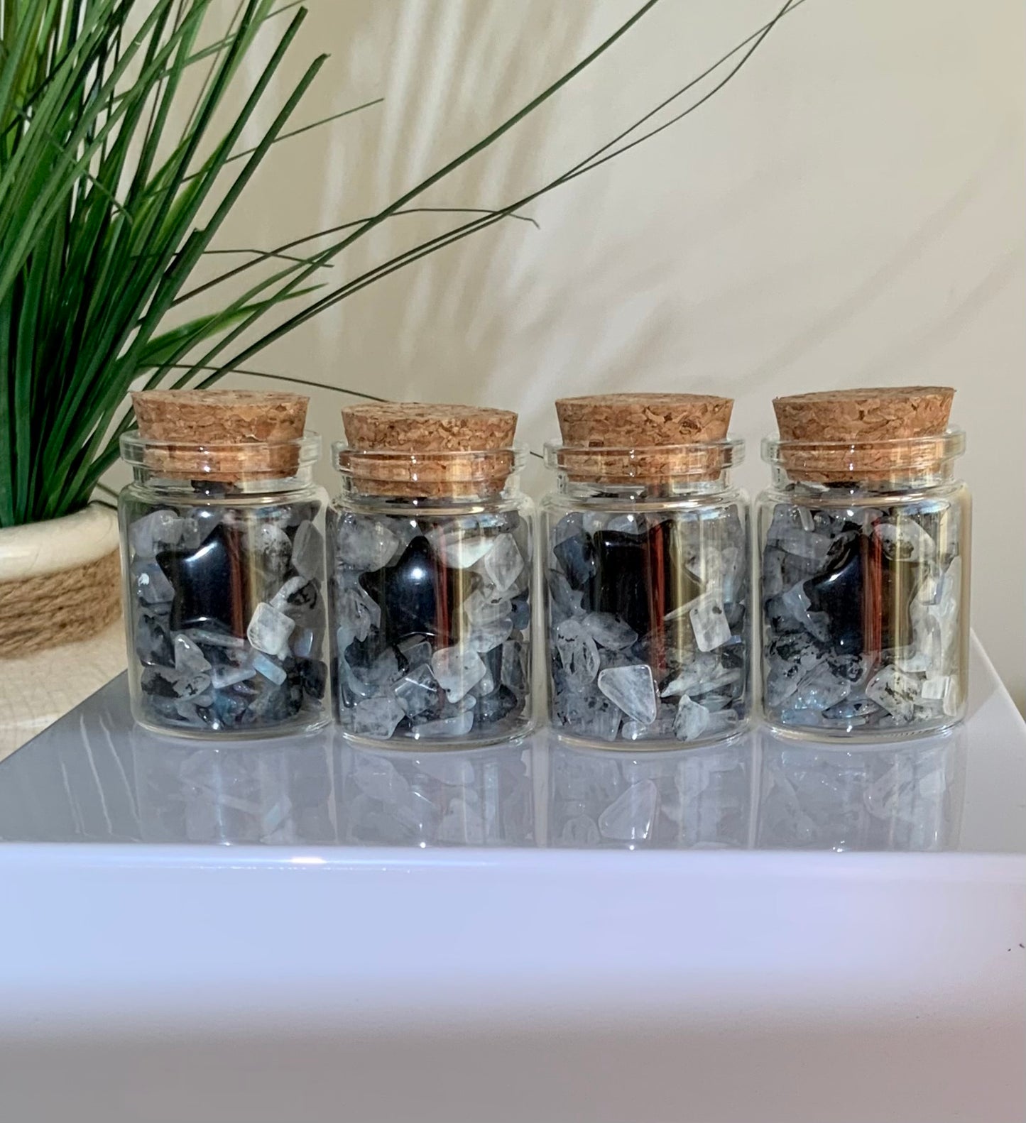 Rainbow moonstone confetti with black obsidian star