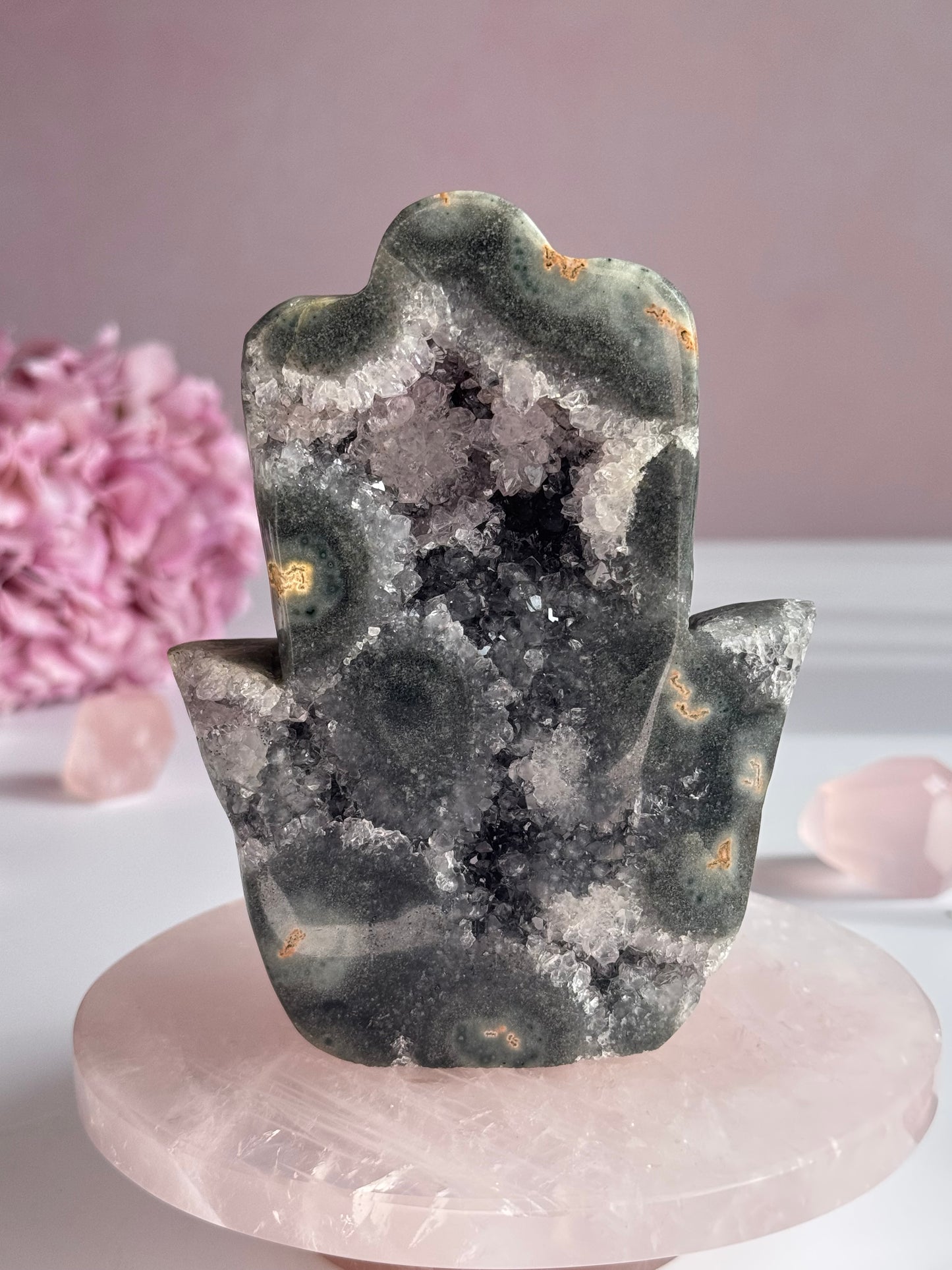 Natural Uruguay Green Amethyst Hamsa with Sparkling Druzy Quartz