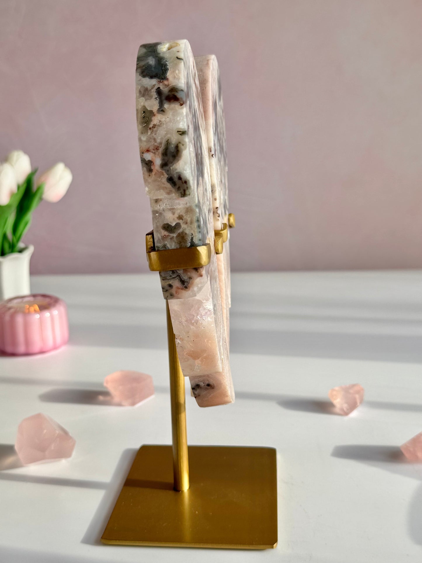 Pink Amethyst Angel Wings on Custom Gold Stand | One-of-a-Kind Brazilian Crystal Décor