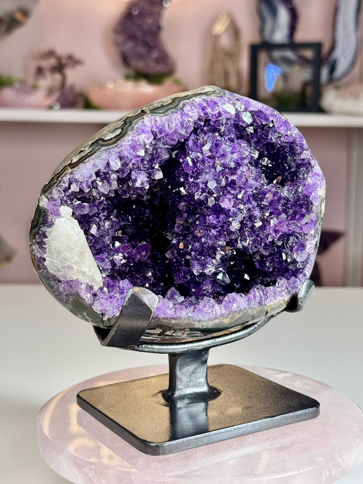 Beautiful Uruguay Amethyst Geode with White Calcite on Custom Stand