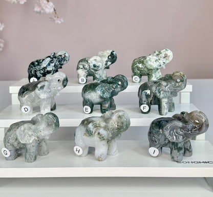 Hand Carved Moss Agate Elephant | Crystal Figurine | Choose Your Piece (A–K)