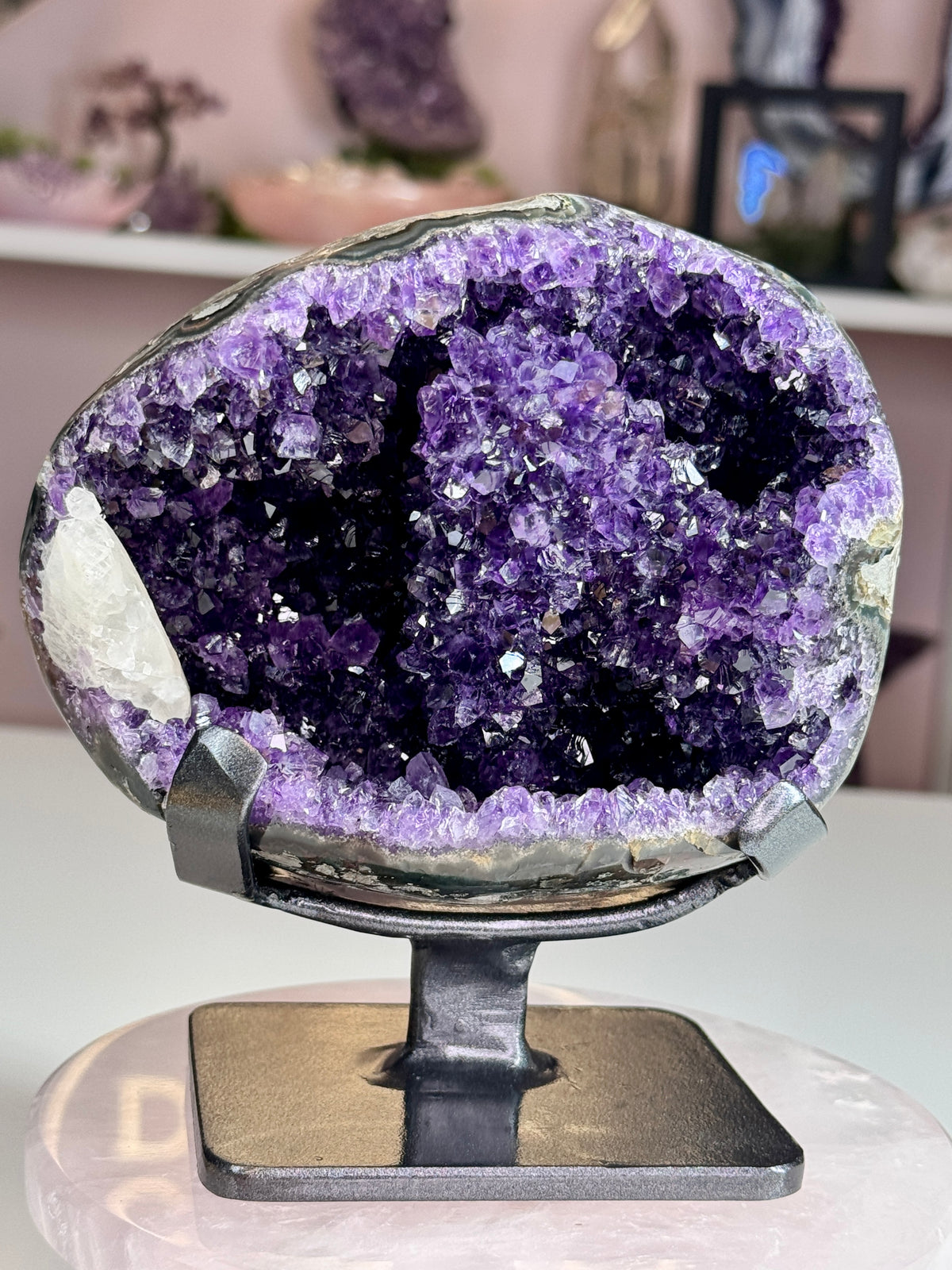 Beautiful Uruguay Amethyst Geode with White Calcite on Custom Stand
