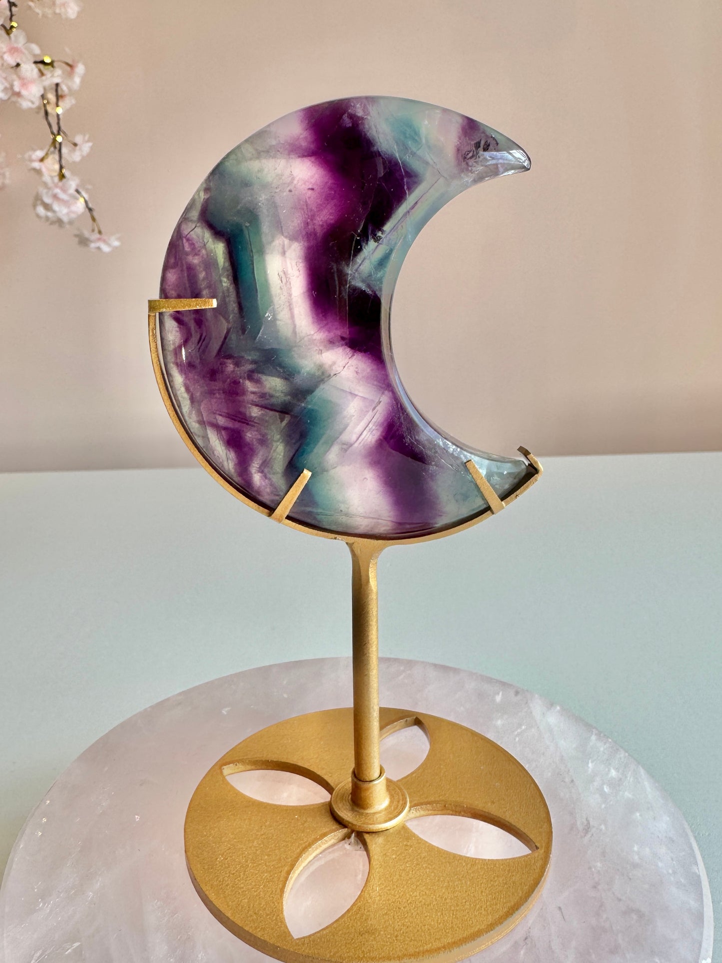 Rainbow Fluorite Moon on Gold Stand-0