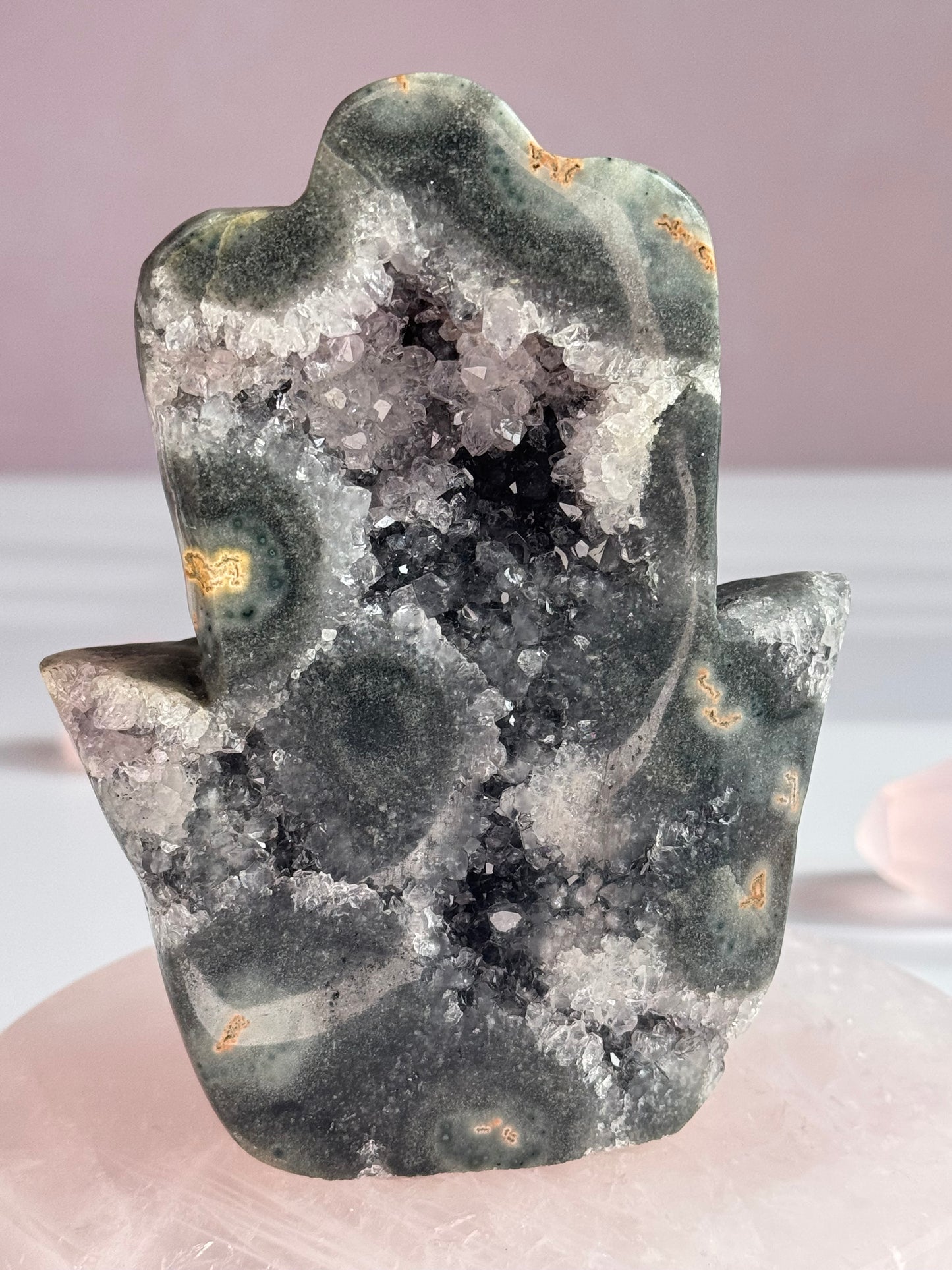 Natural Uruguay Green Amethyst Hamsa with Sparkling Druzy Quartz