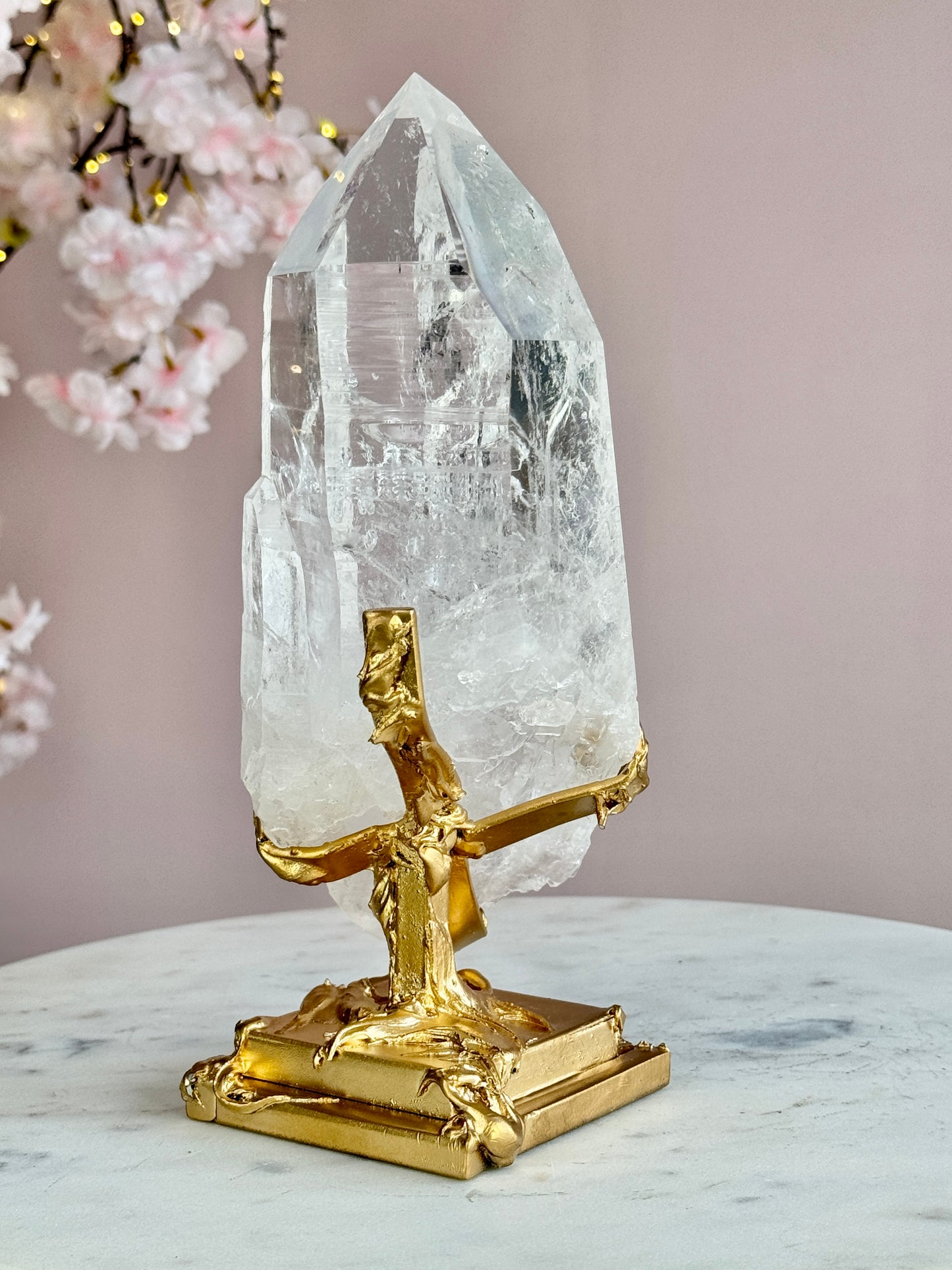 Lemurian Quartz Statement on Sculptural Gold Stand