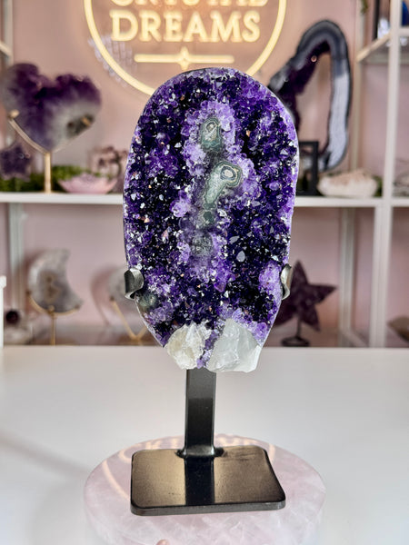 Uruguayan Amethyst with Calcite & Stalactite-Like Formations | Custom Stand