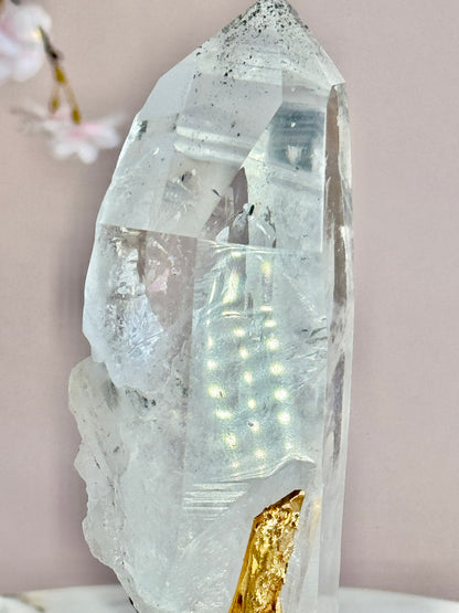 Lemurian Quartz with Black Tourmaline Inclusions  on Custom Gold Stand