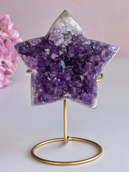 Amethyst Druzy Star on Gold Stand