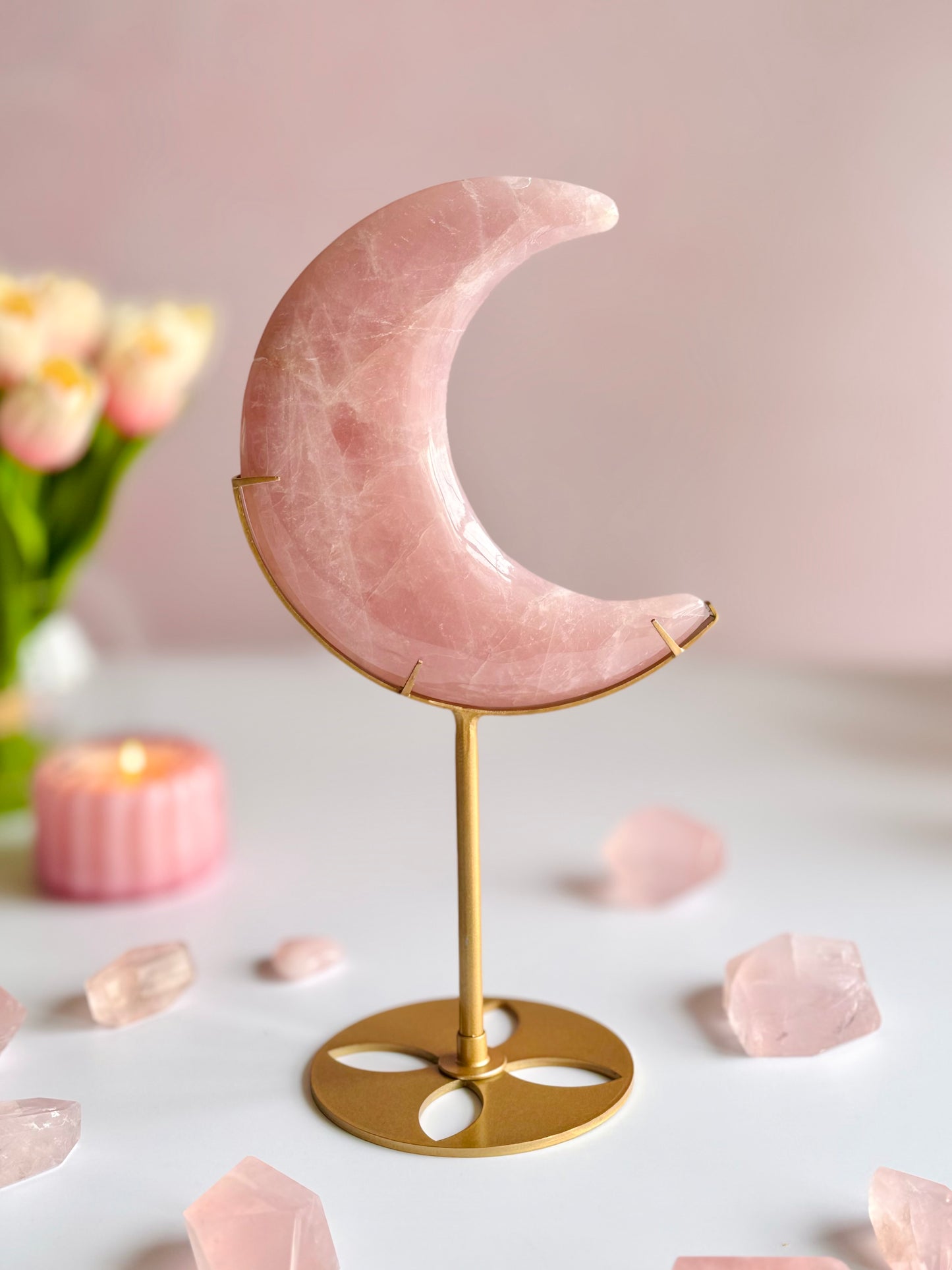 🌙💗 Bubblegum Pink Rose Quartz Moon on Stand-A