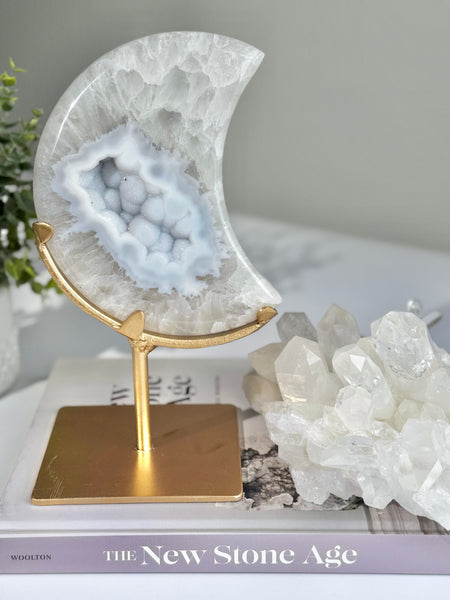 Agate Moon with Blue Sugar Druzy | Beautiful Natural Crystal Statement Piece