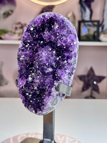 Deep Grape Jelly Uruguay Amethyst Geode with Flower-Like Crystal Formations | Custom Stand