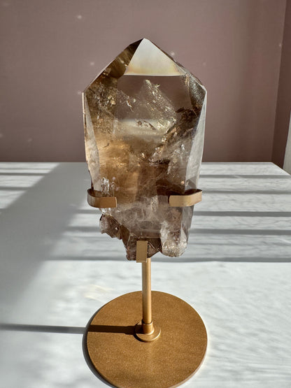 Rare Double Phantom Smoky Quartz Point with Rainbow on Gold Stand