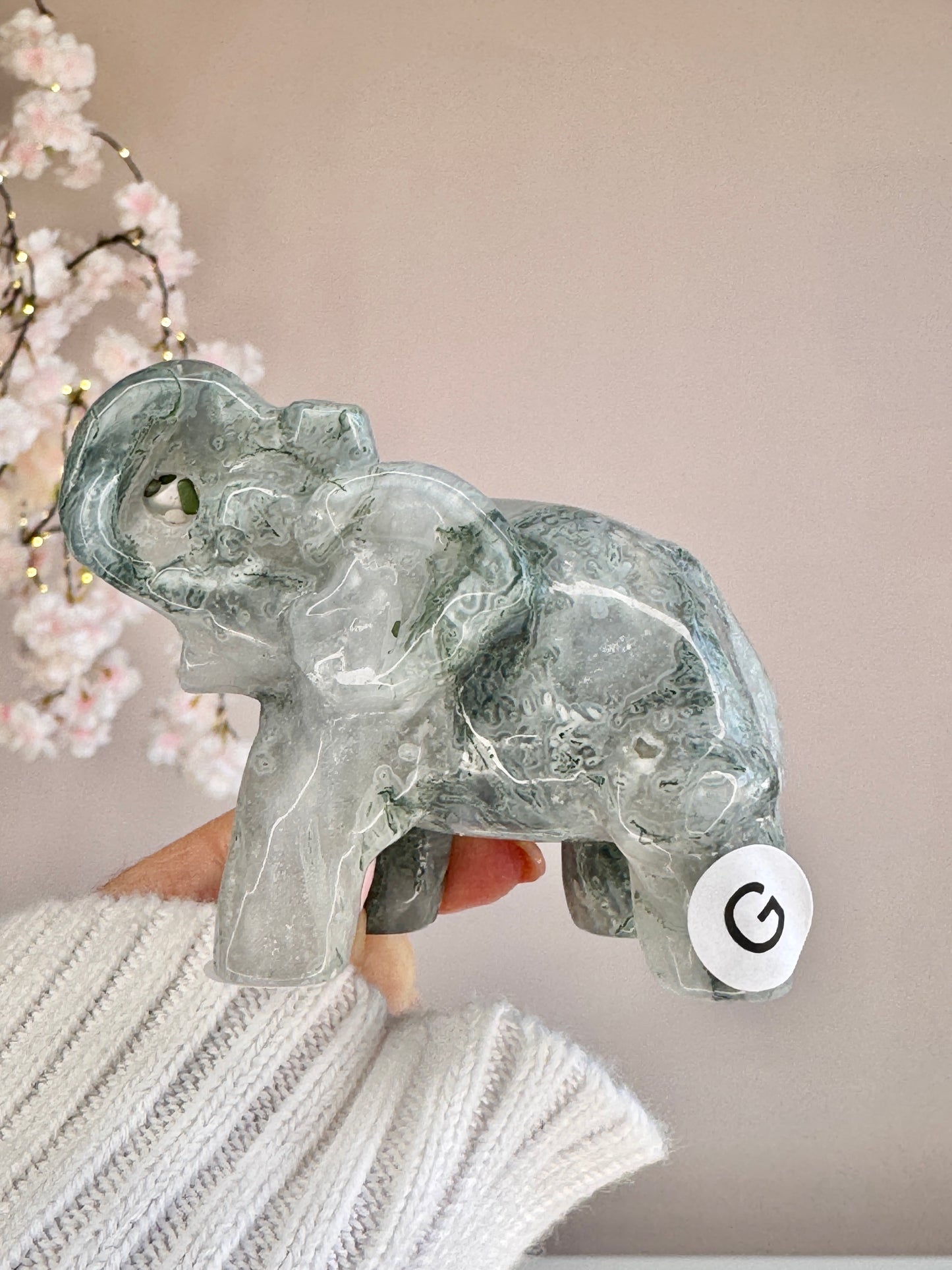 Hand Carved Moss Agate Elephant | Crystal Figurine | Choose Your Piece (A–K)
