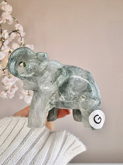 Hand Carved Moss Agate Elephant | Crystal Figurine | Choose Your Piece (A–K)