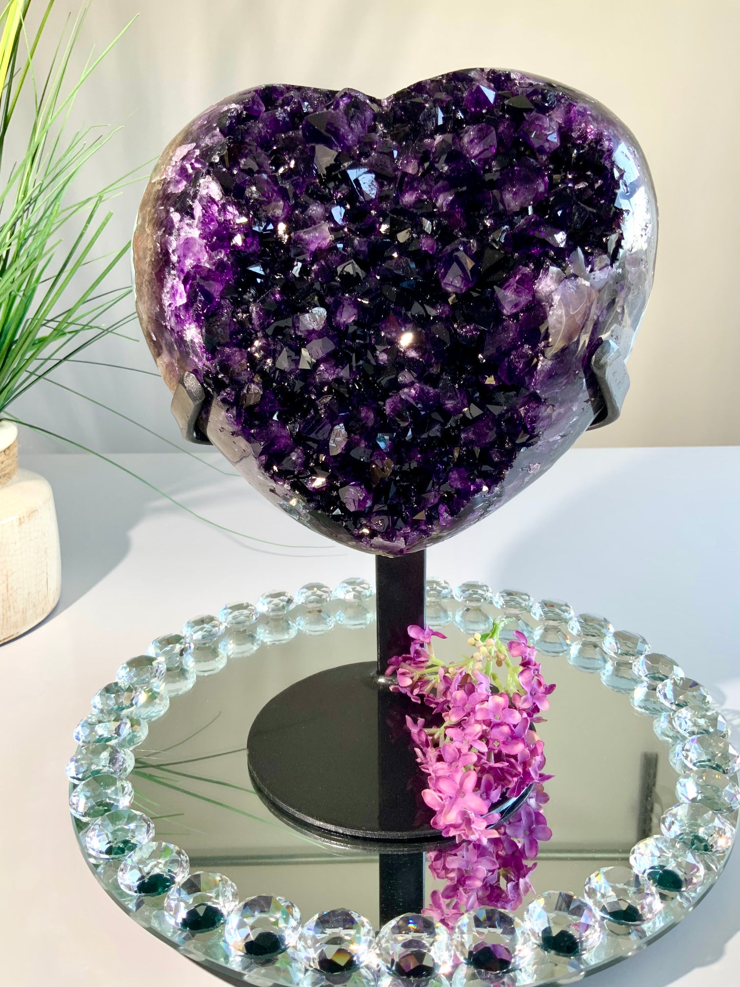 X-Large Grape Jelly Uruguay Amethyst Heart — Deep Purple Statement Piece on Stand
