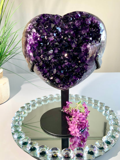 X-Large Grape Jelly Uruguay Amethyst Heart — Deep Purple Statement Piece on Stand
