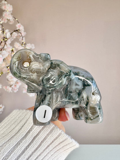 Hand Carved Moss Agate Elephant | Crystal Figurine | Choose Your Piece (A–K)