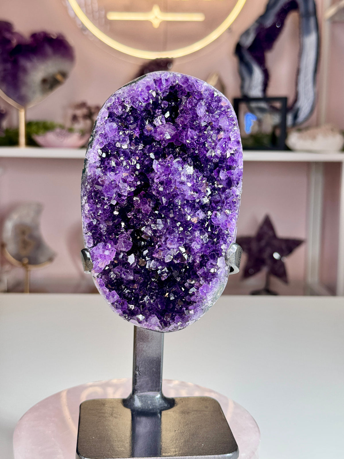 Deep Grape Jelly Uruguay Amethyst Geode with Flower-Like Crystal Formations | Custom Stand