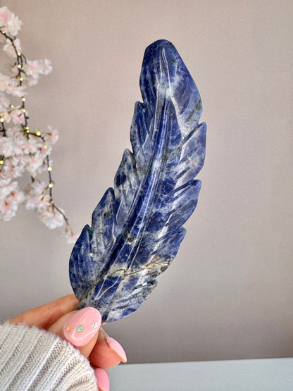 Hand Carved Crystal Feather | Natural Crystal Feather Carving | Rose Quartz, Sodalite, Moss Agate, Golden Healer