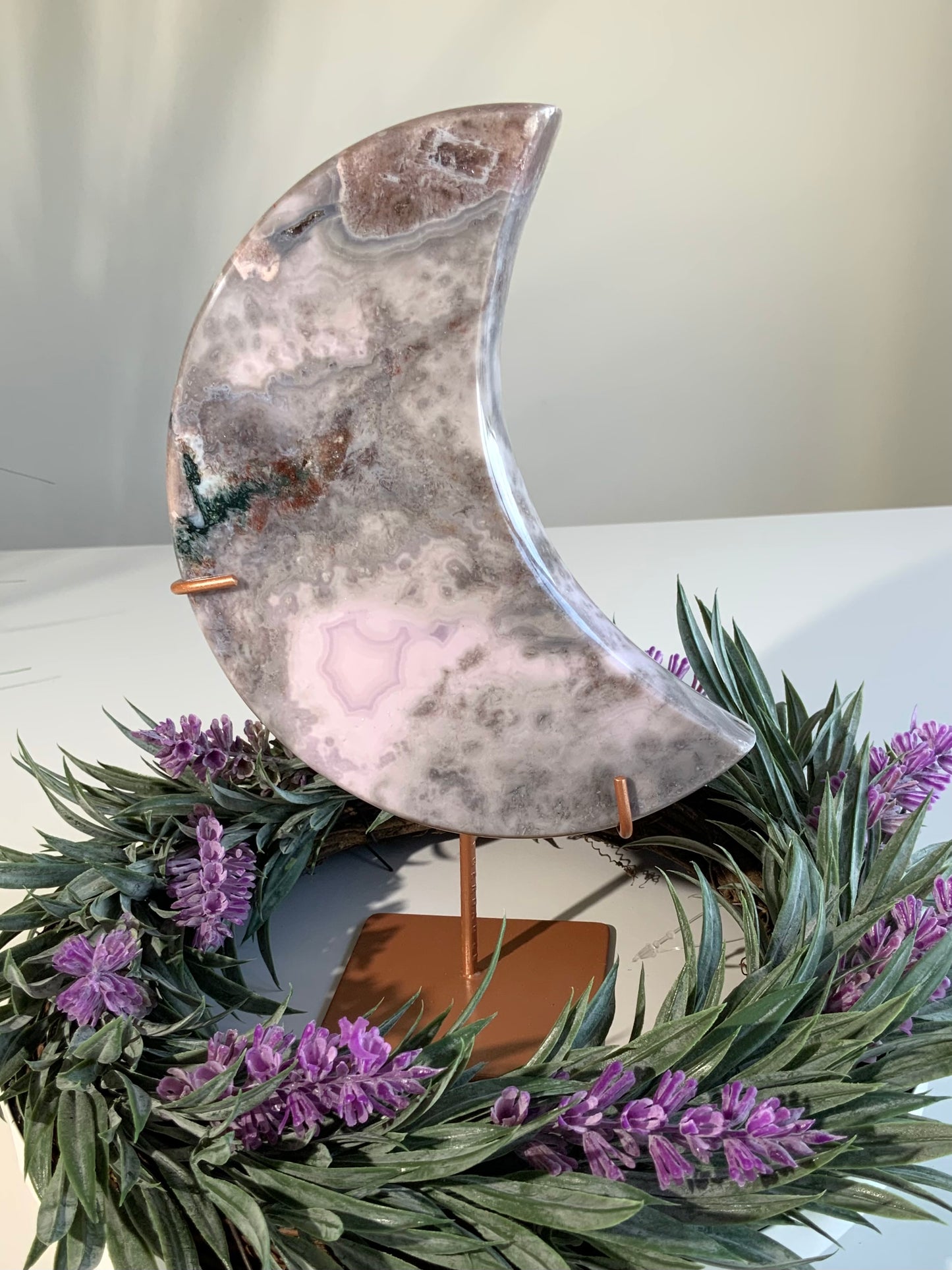 Lavender Pink Amethyst Moon on Stand — Soft, Ethereal Statement Piece
