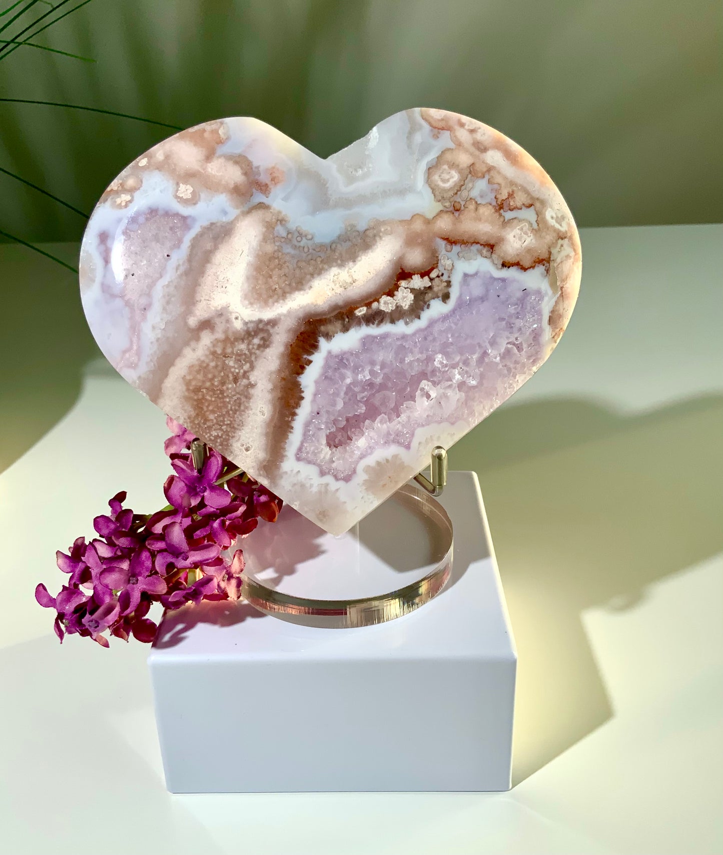 Flower Agate Heart with Druzy and stand