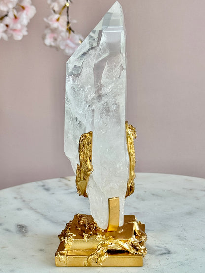 Lemurian Quartz with Black Tourmaline Inclusions  on Custom Gold Stand