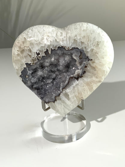 One-of-a-Kind Agate Heart with Silver Druzy Center on Stand