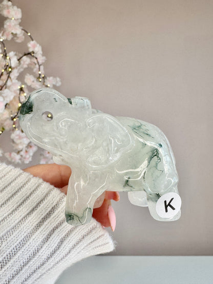 Hand Carved Moss Agate Elephant | Crystal Figurine | Choose Your Piece (A–K)