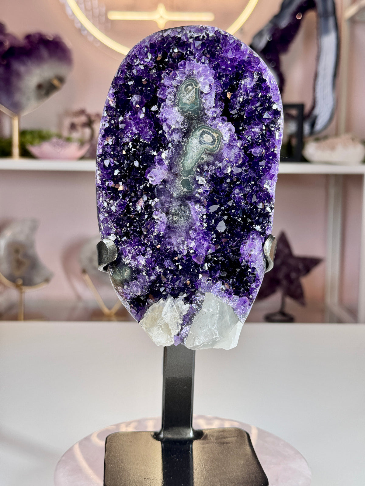 Uruguayan Amethyst with Calcite & Stalactite-Like Formations | Custom Stand