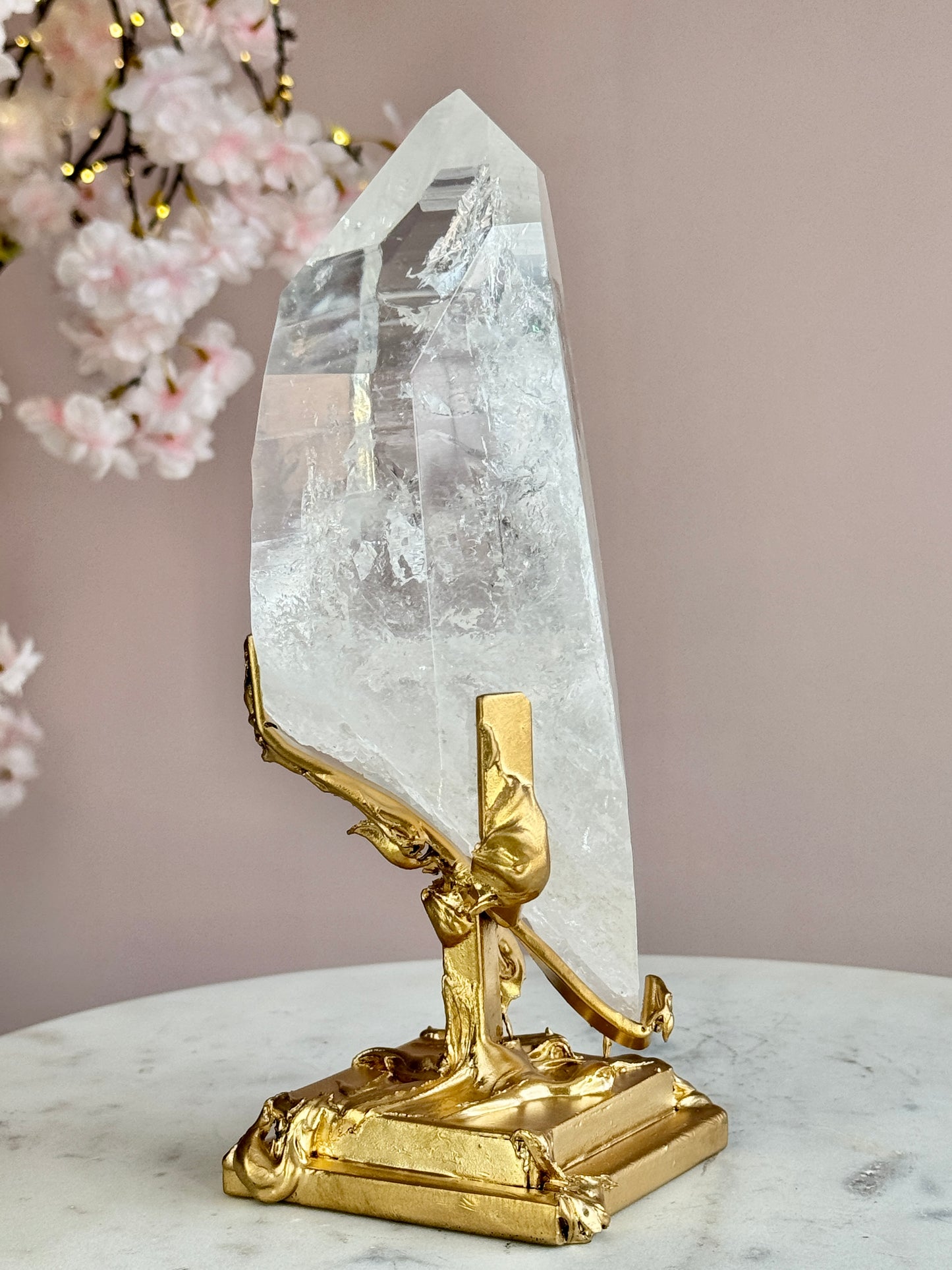 Lemurian Quartz Statement on Sculptural Gold Stand