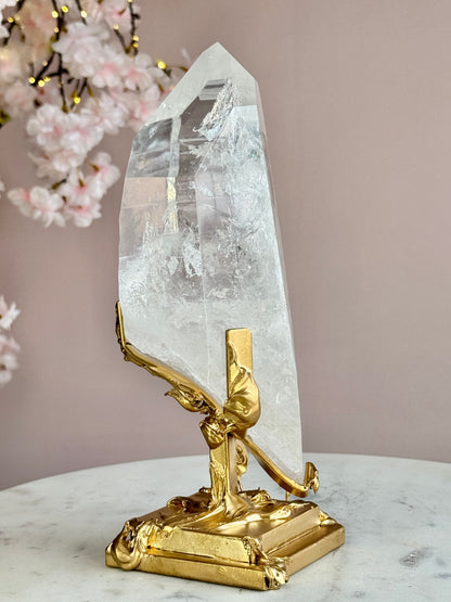 Lemurian Quartz Statement on Sculptural Gold Stand