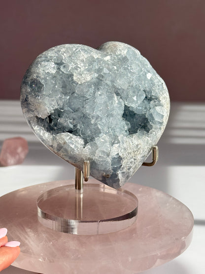 Celestite Heart Crystal | Sparkling Blue Celestite Heart on Stand